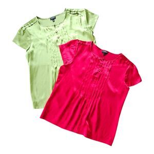 TALBOTS Chartreuse Green And Red Pin Tuck Silk Blouse Lot Of 2 Size 4 PETITE